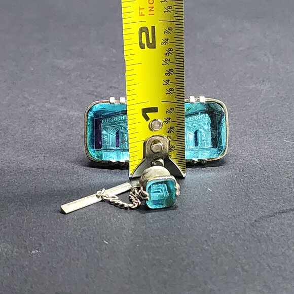 Vintage Swank Cufflinks Arc De Triomphe Aqua Blue Silver-tone SET - Picture 10 of 11